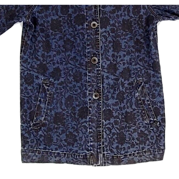 NADIA Blue Jean Jacket With Black Floral Design Button Up Size Large Made in USA - Picture 2 of 11